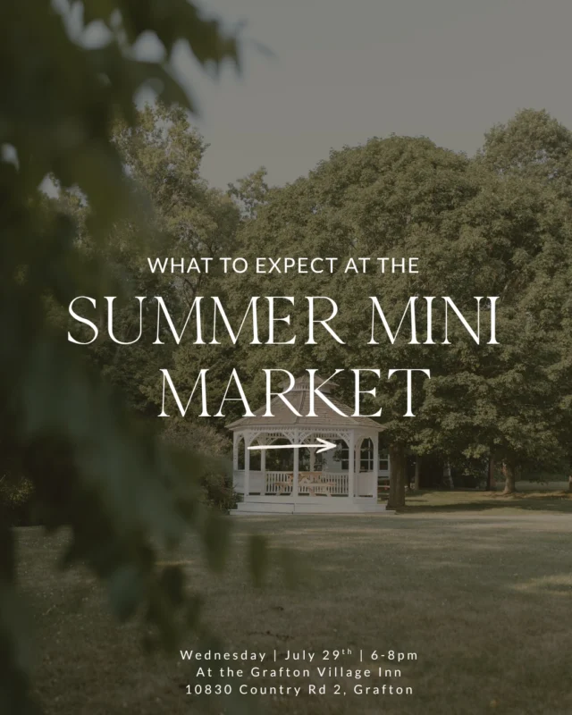 Here's what awaits you at the 1st Annual Summer Mini Market!  Delicious food, live music, local small businesses, and a beautiful evening spent celebrating the community! Enjoy all that the market has to offer and take part in helping  the community grow as all proceeds will be going towards the Grafton Arena Project.   Wednesday, July 29th, 6-8pm  Grafton Village Inn, 10830 Country RD 2, Grafton